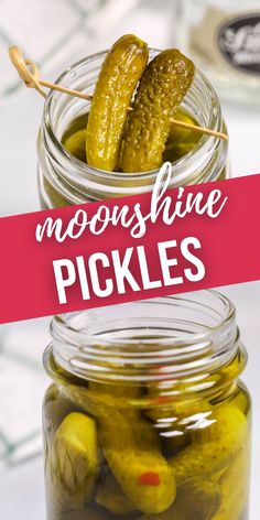 pickles in a jar with the words moonshine pickles on top and below