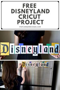 a woman standing in front of a refrigerator with the words disney land spelled on it