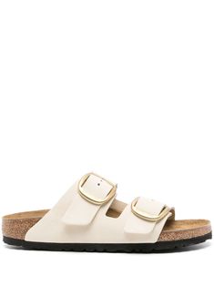 ecru leather smooth grain debossed logo to the side open toe double buckle fastening moulded footbed branded footbed flat rubber sole logo-engraved gold-tone hardware slip-on style Birkenstock Sandals Arizona, Debossed Logo, Boho Aesthetic, Girly Shoes, Buckle Sandals, Ballet Pumps