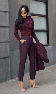 Take a look at these chic business casual outfit ideas! Burgundy Professional Outfit, Work Outfits Business, Professional Tops For Women, Burgundy Office Outfit, Burgundy Outfit Ideas, Penguin Suit, Plum Jacket, Lawyer Outfits, Cruise 2023