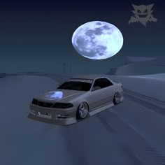 the car is driving in front of the full moon and snow covered ground with no one around it