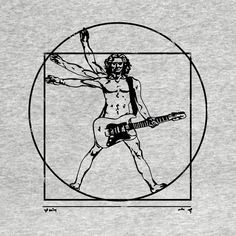 a drawing of a man holding a guitar in front of a circle with an image of jesus on it