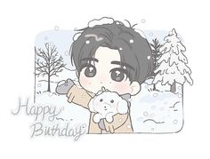 a drawing of a person holding a sheep in the snow with trees behind them and happy birthday written on it