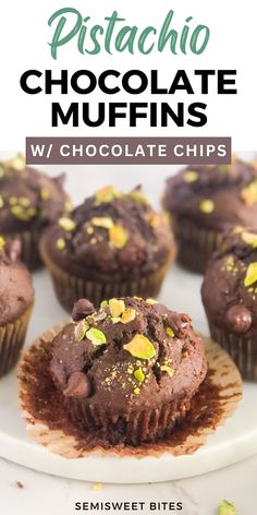 chocolate muffins with pistachio sprinkles on top and text overlay