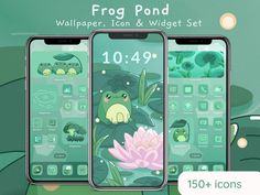 the frog pond wallpaper, icon and widget set is displayed in three different screens