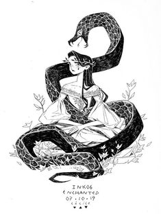 a drawing of a woman sitting on top of a snake