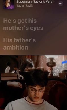 harry potter on his phone with the caption he's got his mother's eyes his father's ambilon