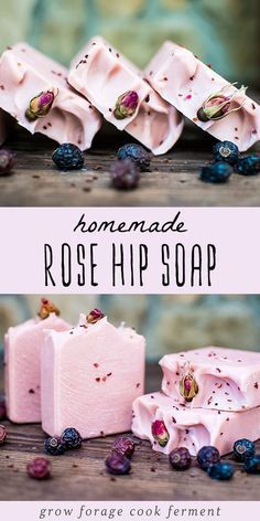 homemade rose hip soap with blueberries and raspberries on the side next to it