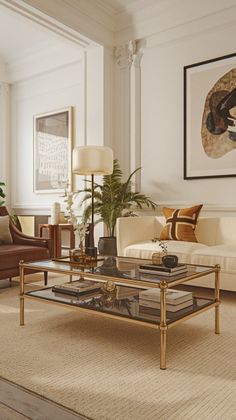 a living room filled with furniture and a large painting on the wall above the coffee table