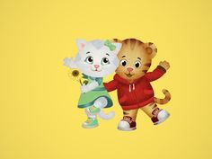 two cartoon cats are standing next to each other on a yellow background, one is holding a flower