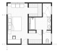 a floor plan for a bedroom and living room in a small house with an attached bathroom