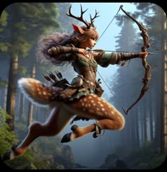 a woman dressed as a deer hunter with an arrow and bow in her hand is flying through the air