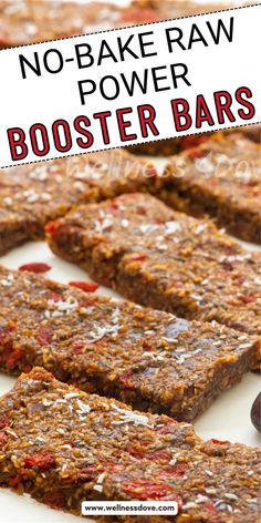 Raw Power Booster Bars: Packed with goji berries, chia seeds, coconut, and dates, these no-bake power bars are the perfect healthy snack. Nut-free, gluten-free, and oil-free, they’re made with wholesome plant-based ingredients for an energy boost anytime! Power Bars, Energy Boost, Sweet And Sour, Goji Berries, Vegan Dinners, Nut Free, Chia Seeds