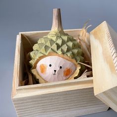 a pineapple shaped animal in a wooden box