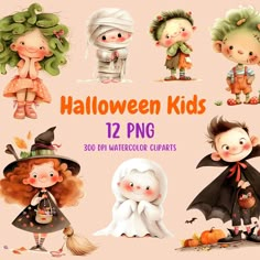 children in halloween costumes with pumpkins and witches on them, all wearing different hats