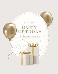 a white and gold birthday card with balloons, gift boxes and presents on the table