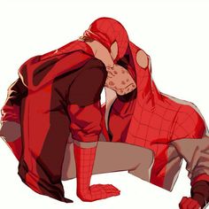 the spider - man is hugging his friend in front of him