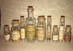 an assortment of bottles with labels on them