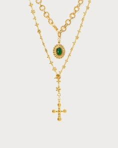 This Product Set includes Esmeralda Necklace, Daisy Molecule Chain Materials: Esmeralda Necklace - 18k gold plated brass, green natural jade stone; Daisy Molecule Chain - 18k gold plated brass, cz stone, glass pearl Measurements of Daisy Molecule Chain: 680mm/26.8" in length. Measurements of Esmeralda Necklace: 410mm/16.14" in length, 70mm/2.75" in extension length. En Route Necklace, En Route Jewelry Necklace, Gold And Green Necklace, Gold Jeweled Emerald Jewelry, Gold Emerald Jewelry With Delicate Chain, Spiritual Gold Emerald Gemstone Necklace, Bohemian Gold Jewelry With Green Onyx, Bohemian Green Onyx Gold Jewelry, Green Jeweled Gold-plated Necklaces