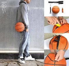 a man standing next to a wall holding a basketball in one hand and an orange ball in the other