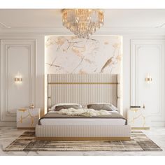 a bedroom with marble walls and flooring, a chandelier above the bed