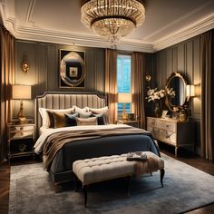 a large bed sitting in a bedroom next to a chandelier above a window