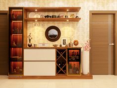 a wine rack in the middle of a room with wooden shelves and glassware on it