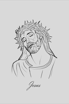 a black and white drawing of jesus with his head in the crown of thorns