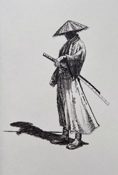 an ink drawing of a man with a hat and umbrella holding two baseball bats in his hand