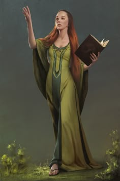 a painting of a woman with long red hair holding a book in one hand and looking up at the sky