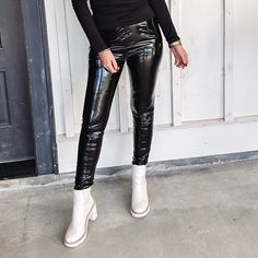 Faux leather True to size Model is pictured in a size XS Black color Catsuit Outfit, Biker Pants, Black Liquid, Cardigan Crop Top, Cardigan Crop, Flannel Tops, Denim Leggings, Sneaker Collection, Leather Leggings