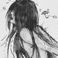 a black and white image of a person's face with circles in the middle