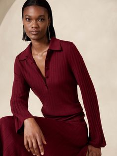 Nezha Merino Sweater Polo | Banana Republic Merino Wool Clothing, Rock And Roll Fashion, Sweater Polo, Merino Sweater, Flare Sleeves, Wool Clothing, Merino Wool Sweater, Malbec, Curator Style