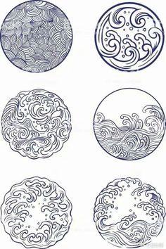 four different types of circular designs in blue ink on white paper, each with an image of