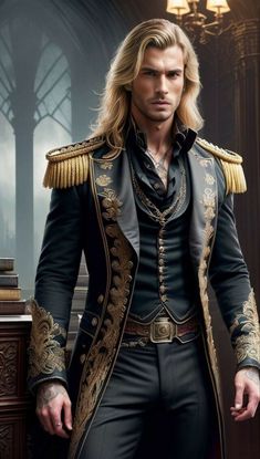 a man with long blonde hair wearing a black and gold suit, standing in front of a