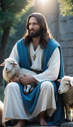 jesus holding a lamb while sitting on a rock