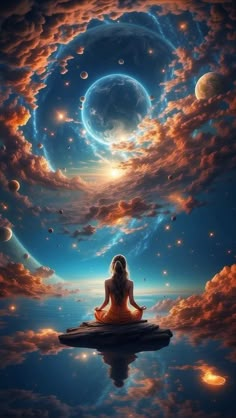 a woman sitting in the middle of a body of water surrounded by clouds and planets