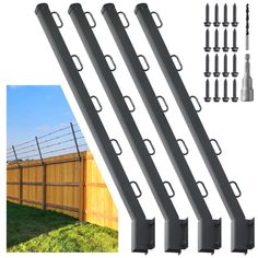 four pieces of metal and wood fence with screws