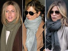 three different pictures of women wearing scarves and scarfs, one with sunglasses on her head