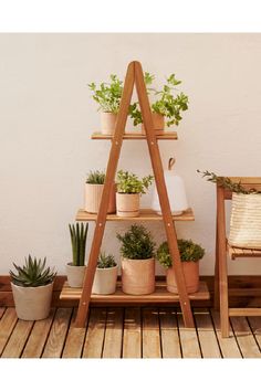 a wooden shelf filled with potted plants on top of a wooden floor