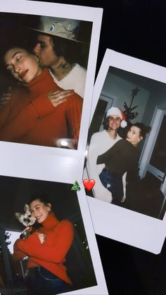 three polaroid photos of people in christmas hats and sweaters, one with a dog