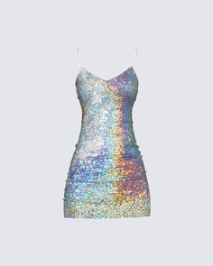 Show the crowds that you're great at reflecting 😂 but actually, this mini dress will have you sparkle and shine like an otherworldly gem 💎 Euphoria Dresses, Shine Clothes, Tour Outfits Ideas, Rainbow Sequin Dress, Holographic Dress, You're Great, Shine Dress, Hoco Ideas, Sparkling Dress