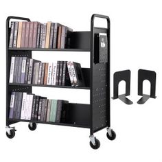 a book shelf with wheels and books on it