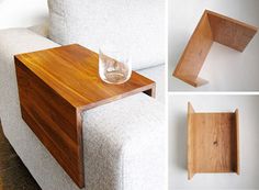 three different angles of a coffee table on a couch with two glasses in the middle