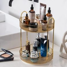 This turntable organizer can be used as: perfume holder organizer, bathroom organizer countertop, nail polish organizer, dresser organizer countertop, skin care organizer, spice racks, fruit case, etc. The bedroom, bathroom, closet cabinet, kitchen, dresser, office, or countertop are good places to place it. Colors: White Clear/Green/Gold Size: 2 Tiers/3 Tiers Material: Plastic & Alloy Steel Style: Light luxury Mounting Type: Tabletop Mount Size: 2 Tier.  Color: Yellow. Makeup Carousel, Bathroom Skincare Organization, Makeup Organizing, Cosmetics Organizer, Uni Dorm, Dresser Organizer, Makeup Stand, Window Nook, Bday Wishlist