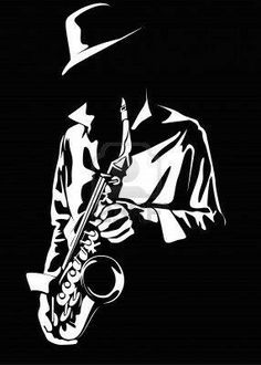 a man with a hat and saxophone in his hand, on a black background illustration