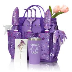 a purple bag with flowers and bottles in it