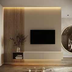 a modern living room with wood paneling and a flat screen tv on the wall