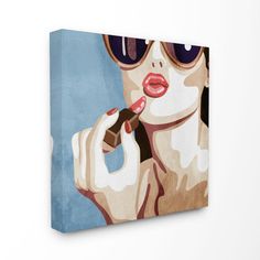 a painting of a woman wearing sunglasses and holding a chocolate bar in her hand while she is brushing her teeth