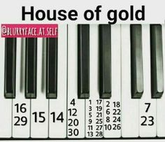 a close up of a piano keyboard with numbers on each side and the words house of gold above it